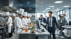 Cocina profesional tipo brigada napoleónica comparada con una empresa B2B que adopta disciplina y ejecución apoyada en IA agentica.