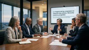 Seis ejecutivos reunidos en una sala de juntas moderna durante una discusión estratégica. En la pantalla se lee: ‘La mayoría de las empresas no necesita más pilotos. Necesita mejores preguntas’, en referencia a la toma de decisiones sobre iniciativas de IA.
