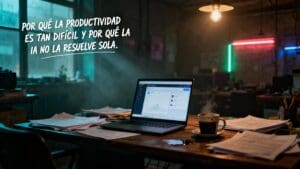 Mesa de trabajo desordenada con un computador portátil mostrando gráficos de productividad, simbolizando el caos operativo y la dificultad de mejorar la productividad empresarial incluso con IA.